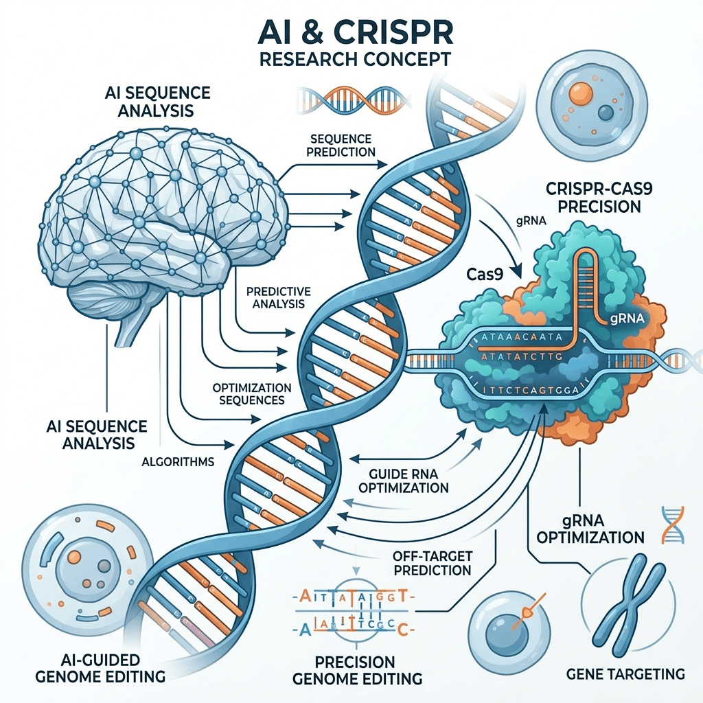 Digital illustration of DNA strand, brain, and CRISPR-Cas9 components with AI genome editing labels
