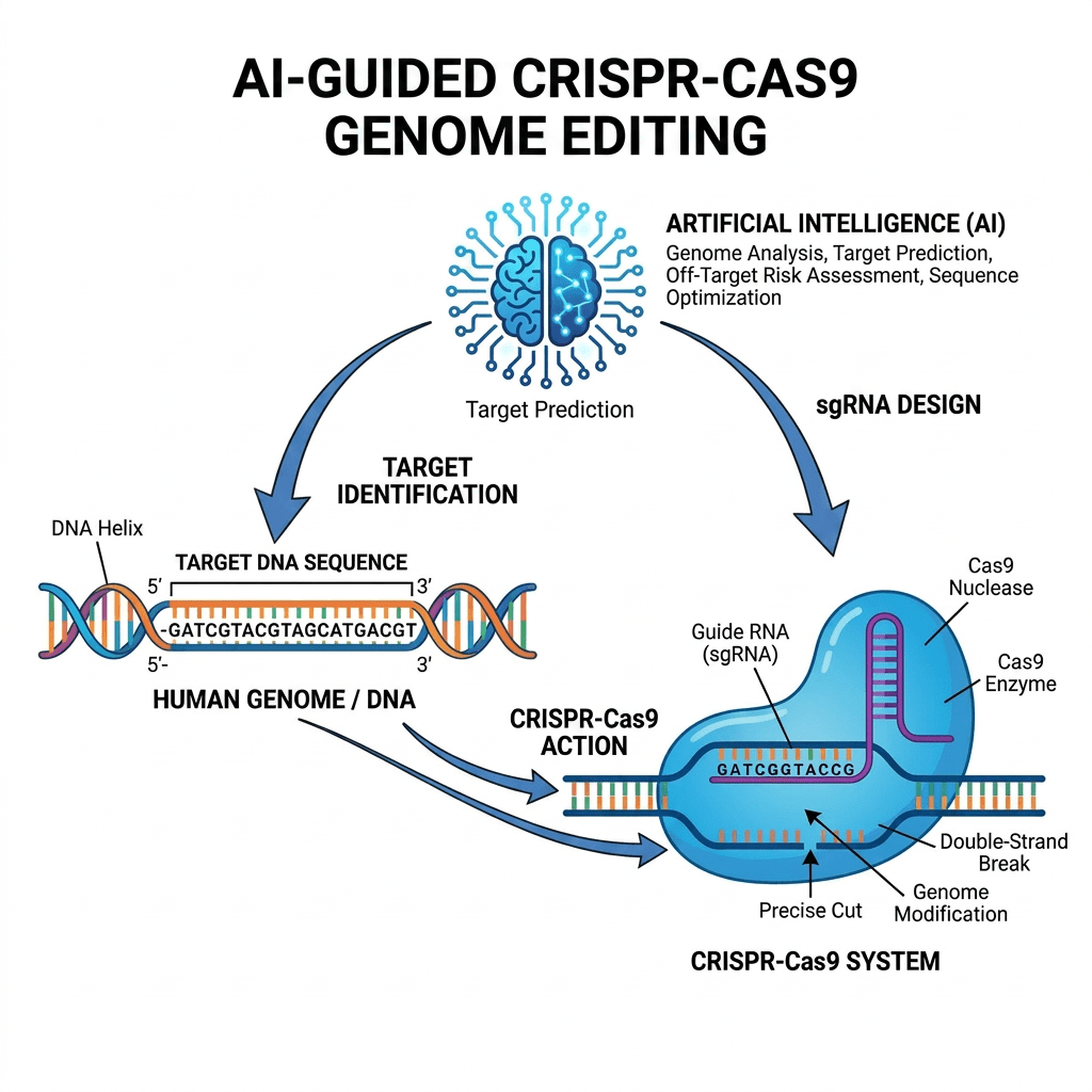 Diagram of AI-guided CRISPR-Cas9 genome editing showing DNA targeting, Cas9 cutting, and genome modification